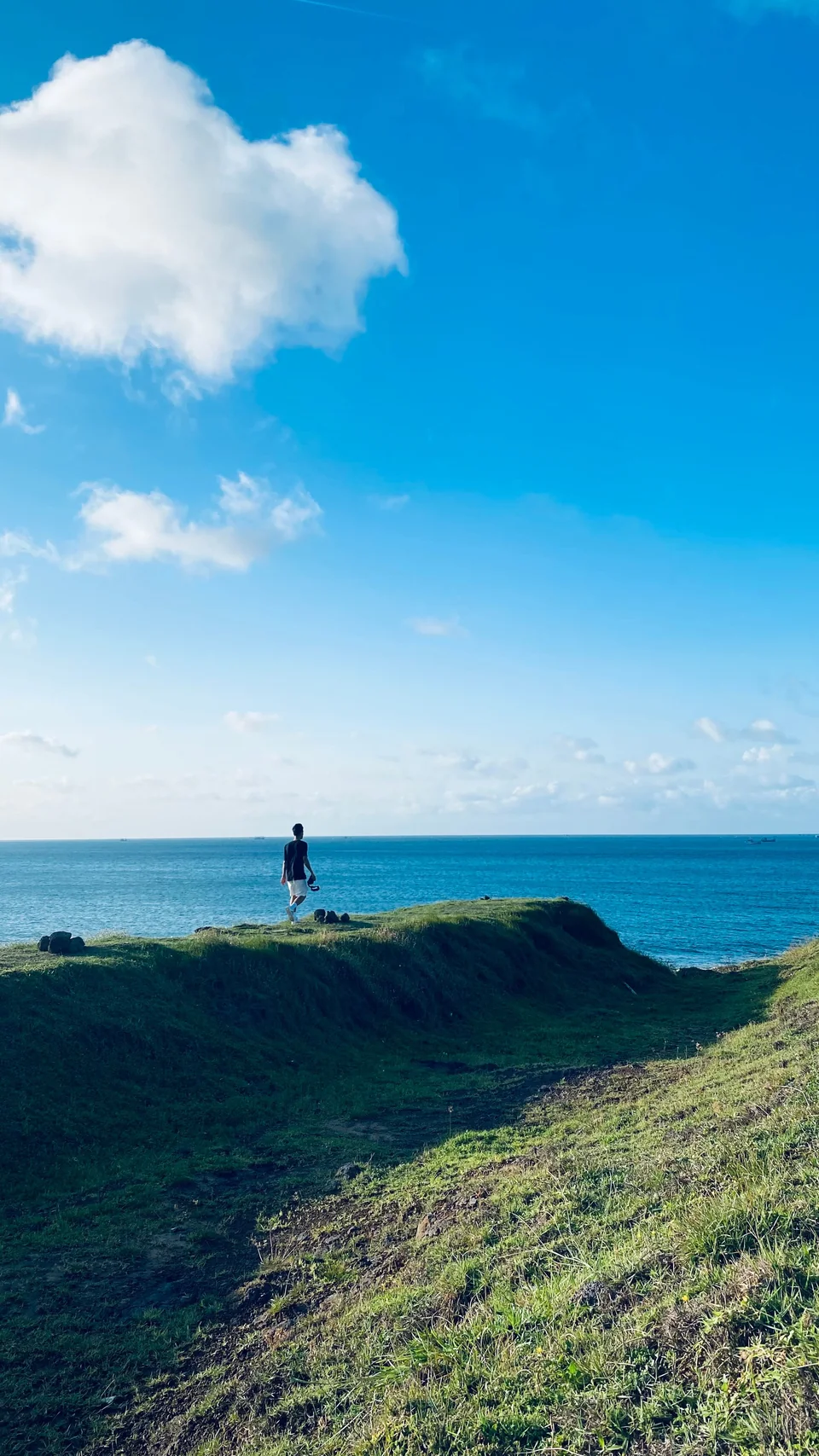 白い雲と青い海を望む、草に覆われた海岸と一人の人影